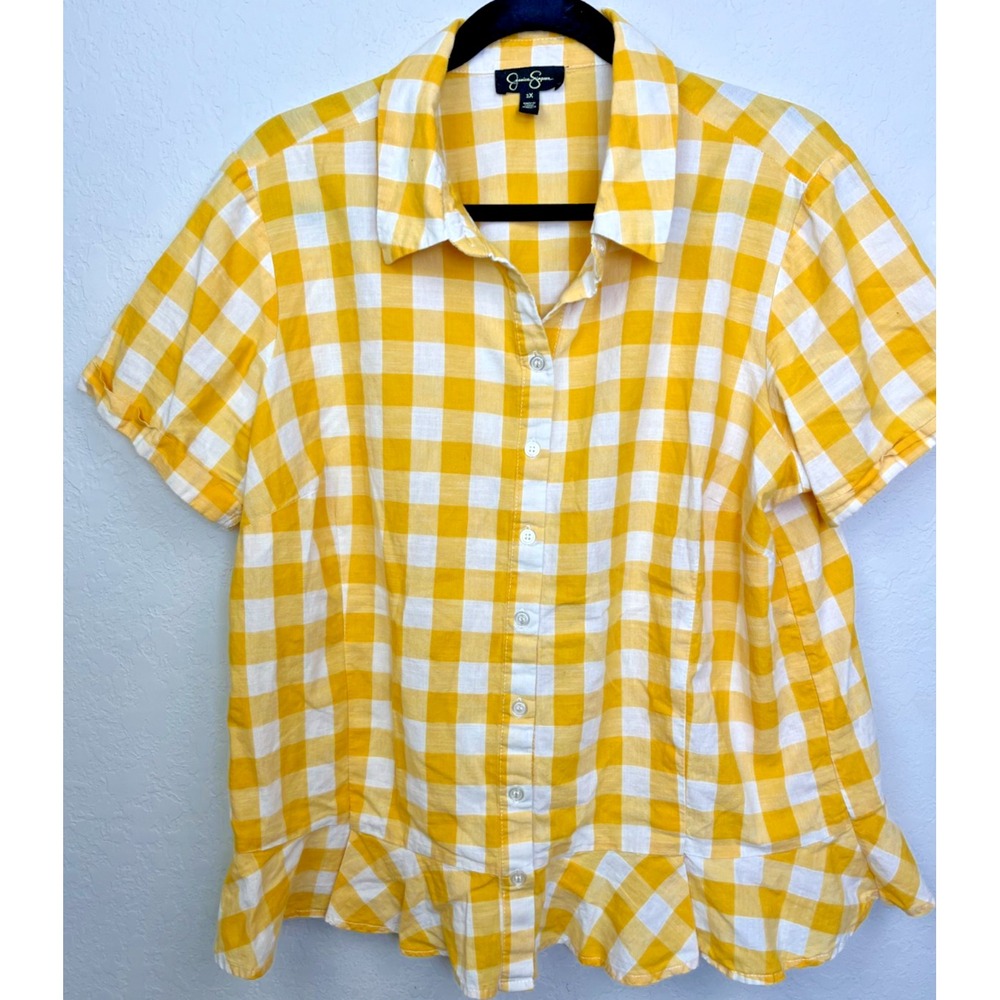 Jessica Simpson 1X Women's Yellow‎ Checkered Short sleeve Buttoned Up Top Ruffle